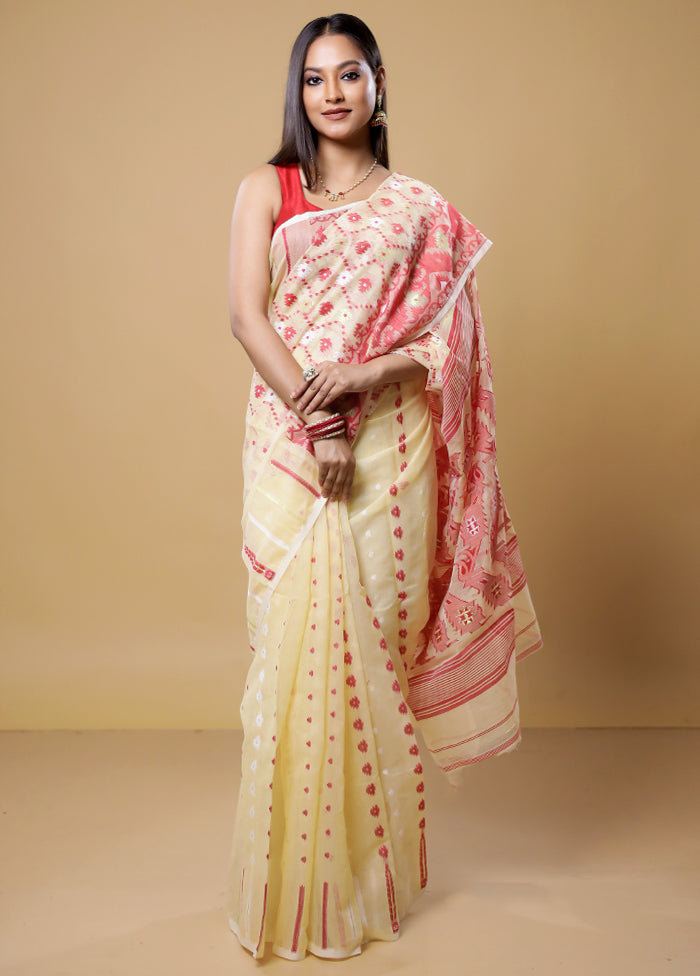 Cream Tant Jamdani Saree Without Blouse Piece