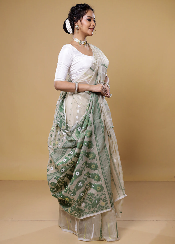 Cream Tant Jamdani Saree Without Blouse Piece