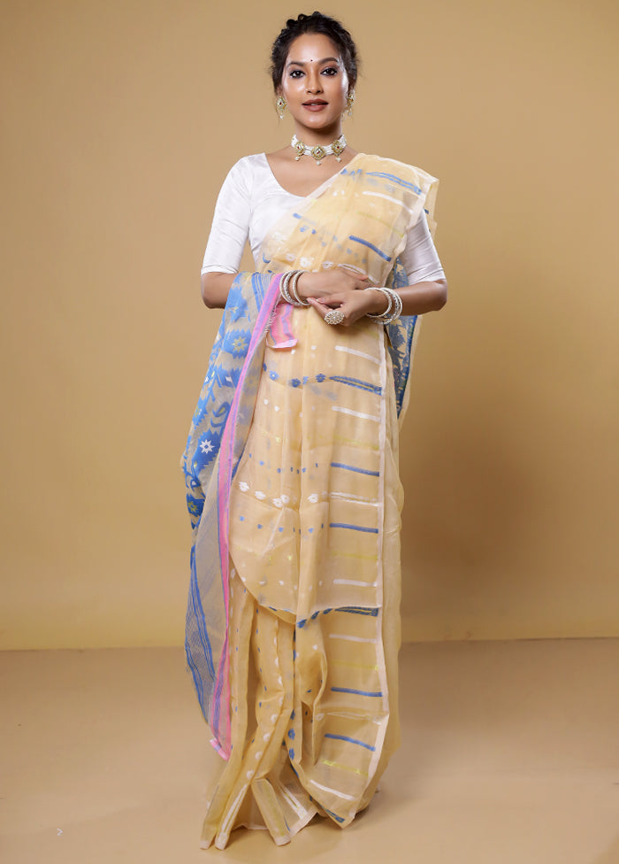 Cream Tant Jamdani Saree Without Blouse Piece