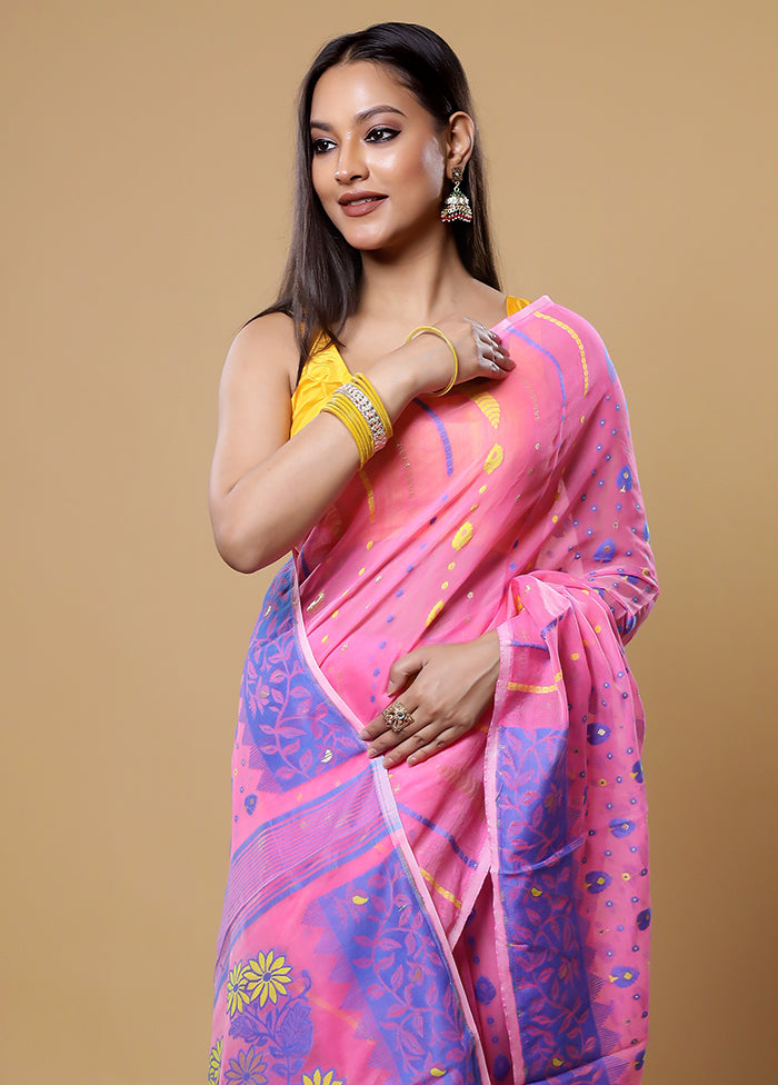 Pink Tant Jamdani Saree Without Blouse Piece