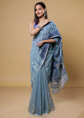 Blue Tant Jamdani Saree Without Blouse Piece