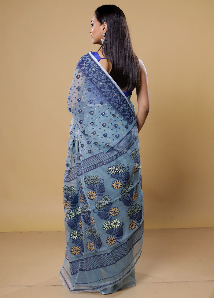 Blue Tant Jamdani Saree Without Blouse Piece