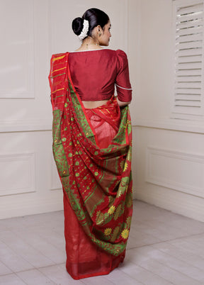 Red Tant Jamdani Saree Without Blouse Piece