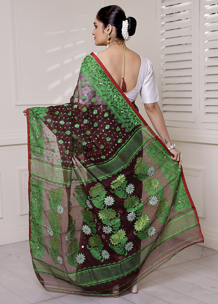 Wine Tant Jamdani Saree Without Blouse Piece