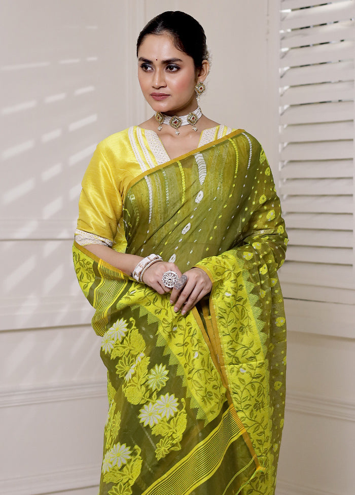 Green Tant Jamdani Saree Without Blouse Piece