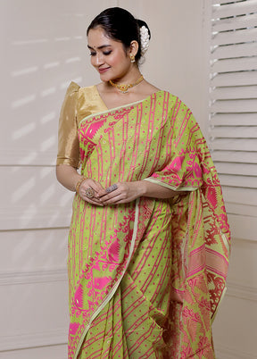 Green Tant Jamdani Saree Without Blouse Piece