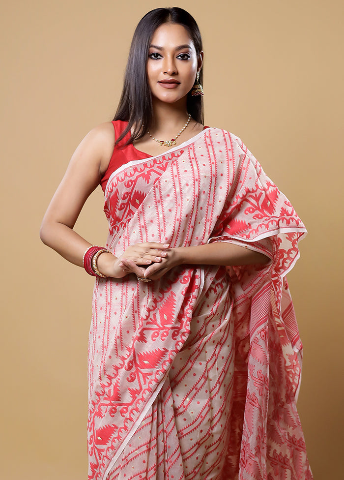 Cream Tant Jamdani Saree Without Blouse Piece