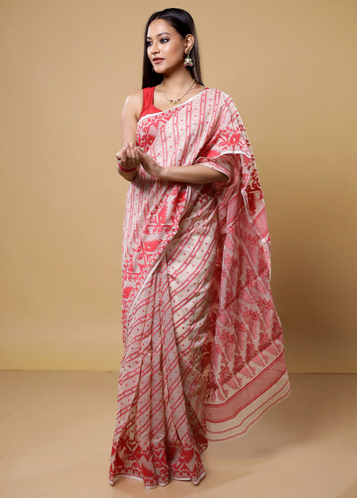 Cream Tant Jamdani Saree Without Blouse Piece