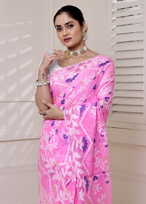 Pink Tant Jamdani Saree Without Blouse Piece