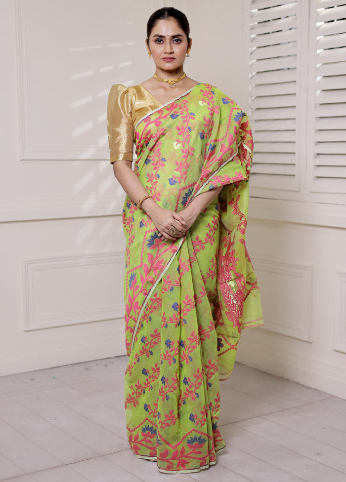 Green Tant Jamdani Saree Without Blouse Piece