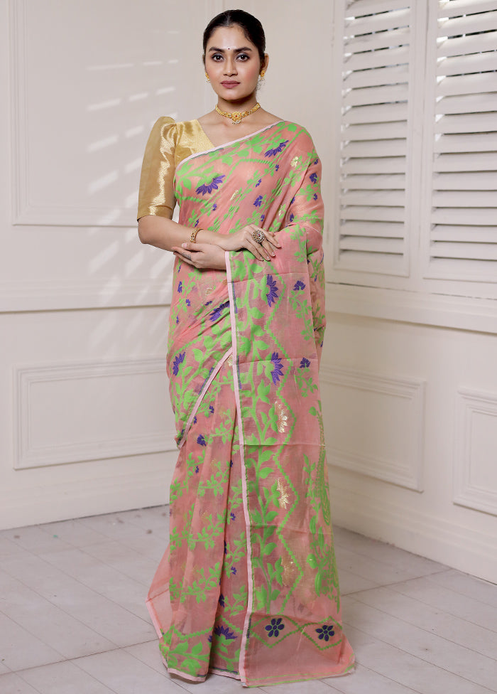 Pink Tant Jamdani Saree Without Blouse Piece