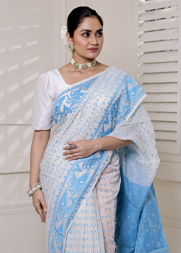 Blue Tant Jamdani Saree Without Blouse Piece