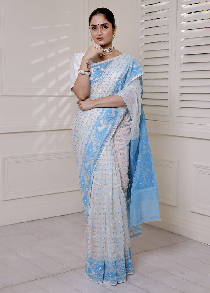 Blue Tant Jamdani Saree Without Blouse Piece