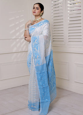 Blue Tant Jamdani Saree Without Blouse Piece