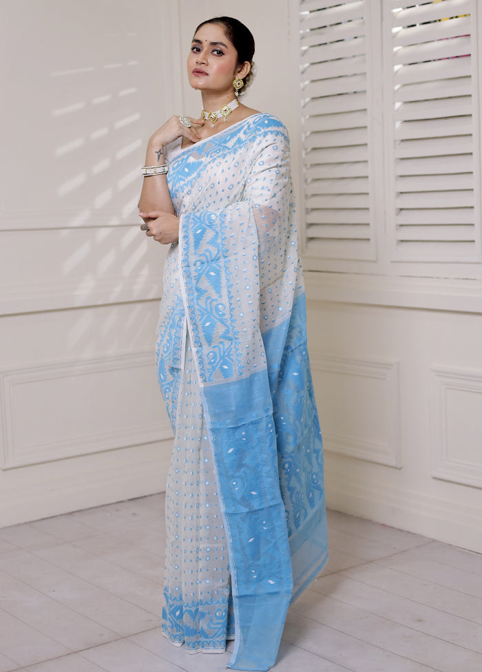 Blue Tant Jamdani Saree Without Blouse Piece