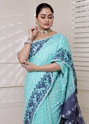 Blue Tant Jamdani Saree Without Blouse Piece