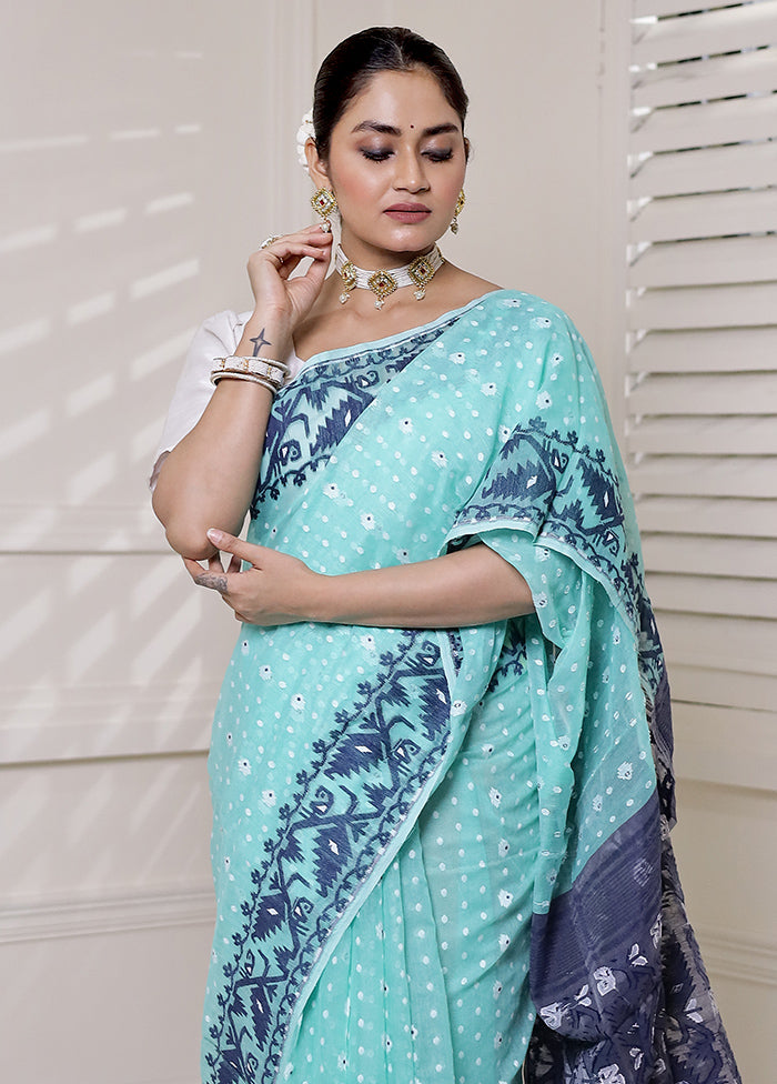 Blue Tant Jamdani Saree Without Blouse Piece