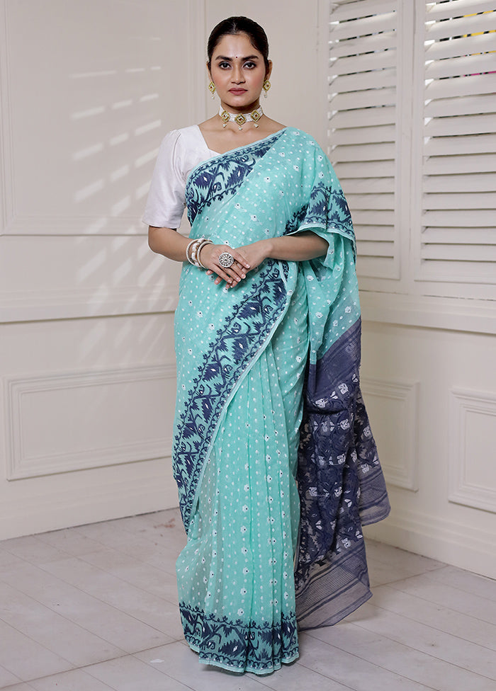 Blue Tant Jamdani Saree Without Blouse Piece