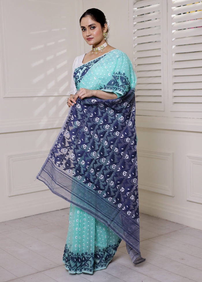 Blue Tant Jamdani Saree Without Blouse Piece