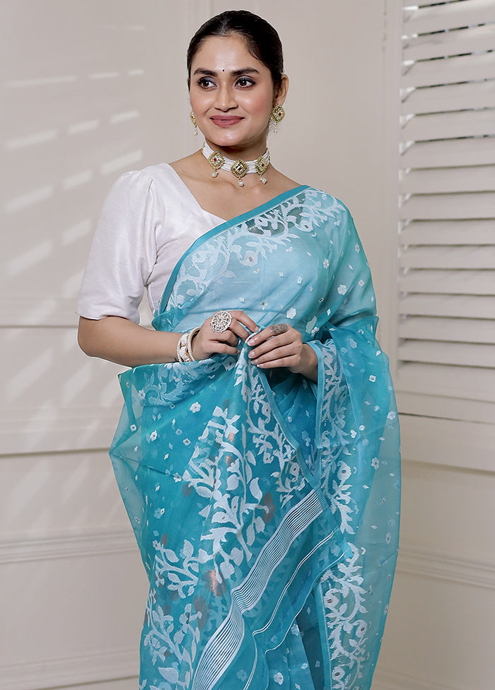 Blue Tant Jamdani Saree Without Blouse Piece