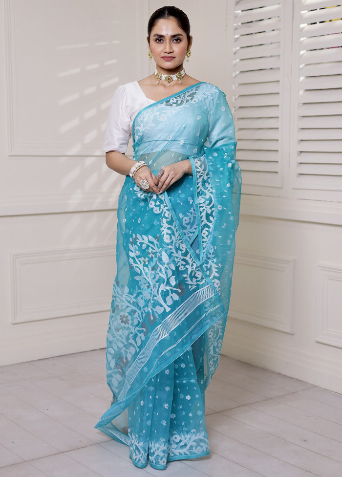 Blue Tant Jamdani Saree Without Blouse Piece