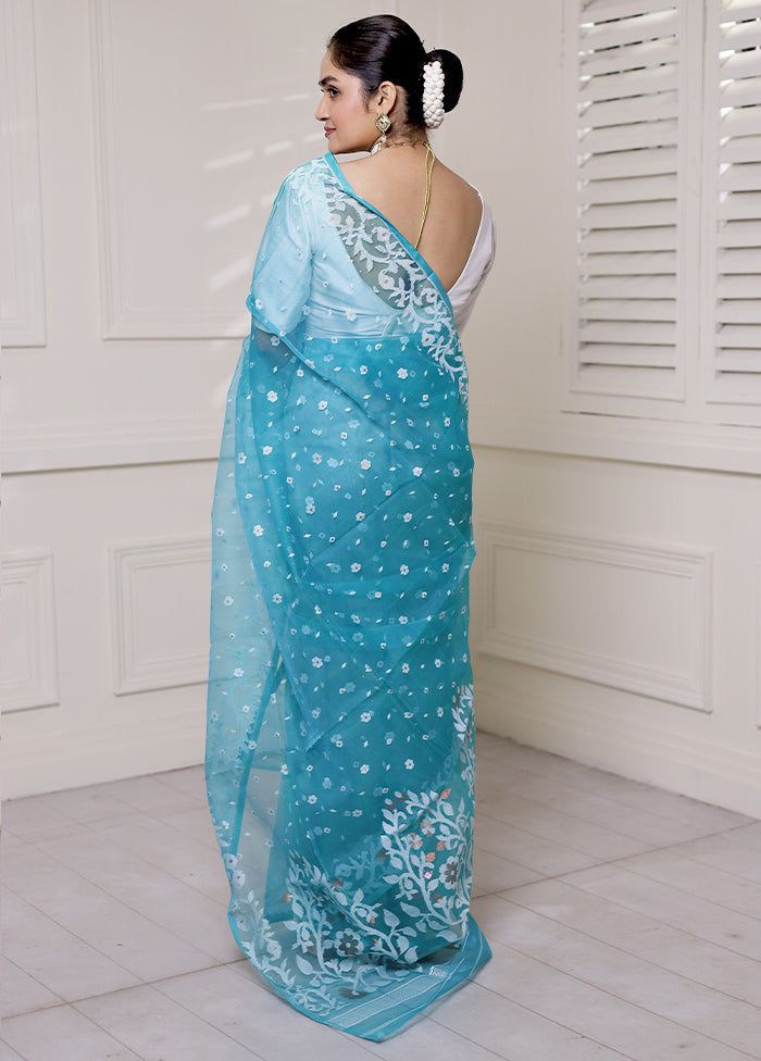 Blue Tant Jamdani Saree Without Blouse Piece