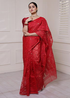 Red Pure Tant Jamdani Saree Without Blouse Piece