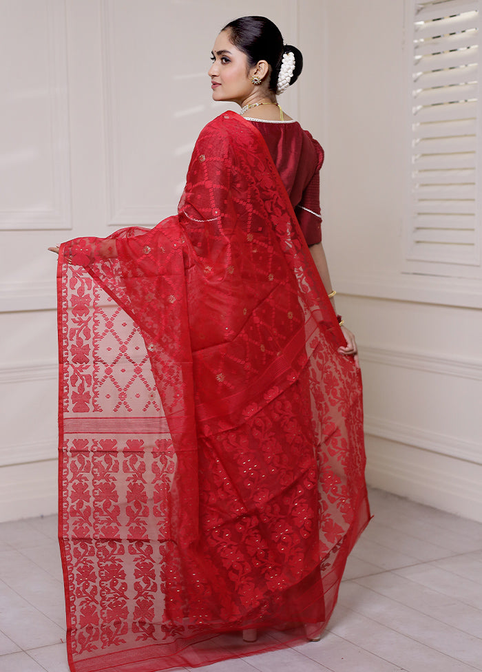 Red Pure Tant Jamdani Saree Without Blouse Piece