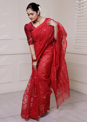 Red Pure Tant Jamdani Saree Without Blouse Piece