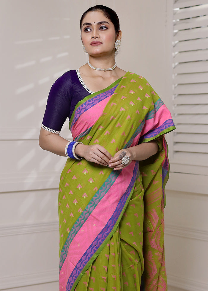 Green Cotton Saree With Blouse Piece