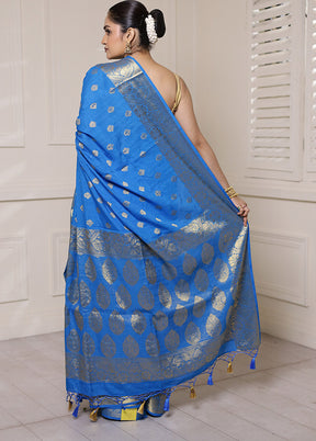 Blue Dupion Silk Saree With Blouse Piece