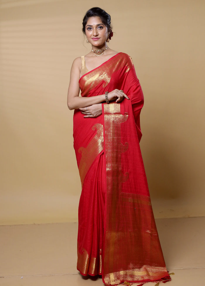 Red Dupion Silk Saree With Blouse Piece