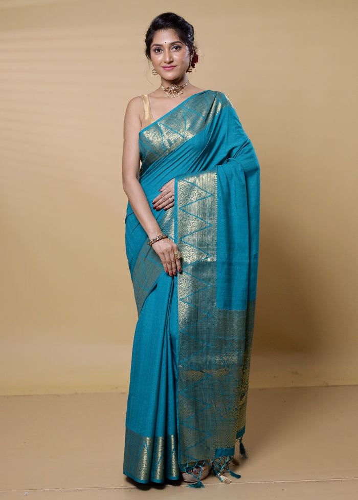 Blue Dupion Silk Saree With Blouse Piece