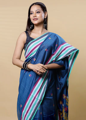 Blue Khadi Cotton Saree With Blouse Piece