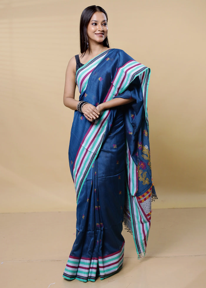 Blue Khadi Cotton Saree With Blouse Piece