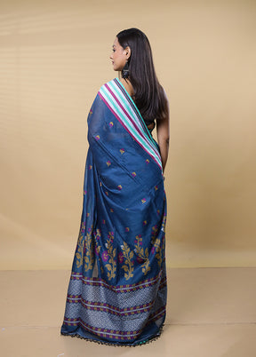 Blue Khadi Cotton Saree With Blouse Piece