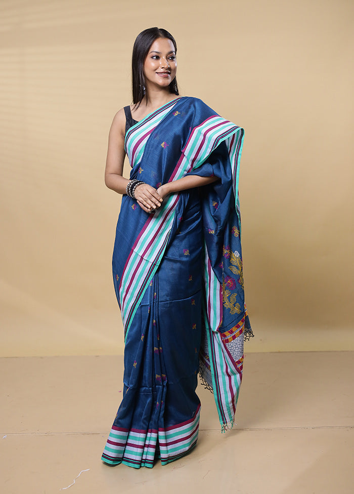 Blue Khadi Cotton Saree With Blouse Piece