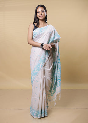 White Khadi Cotton Saree With Blouse Piece