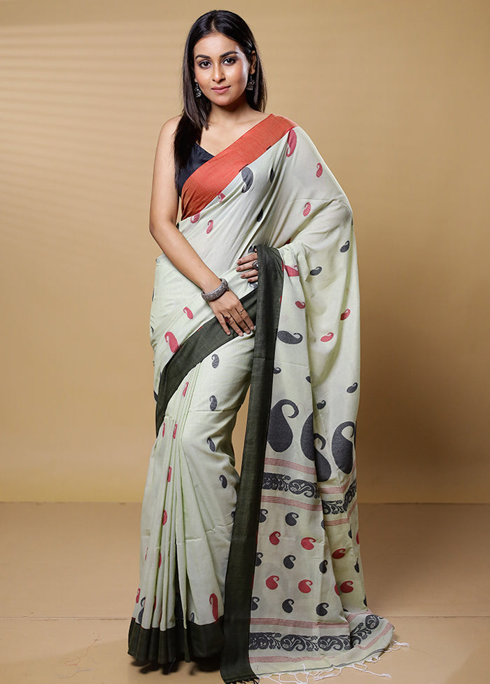 Green Khadi Cotton Saree With Blouse Piece