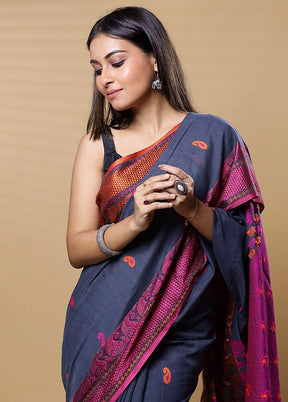 Blue Khadi Cotton Saree With Blouse Piece