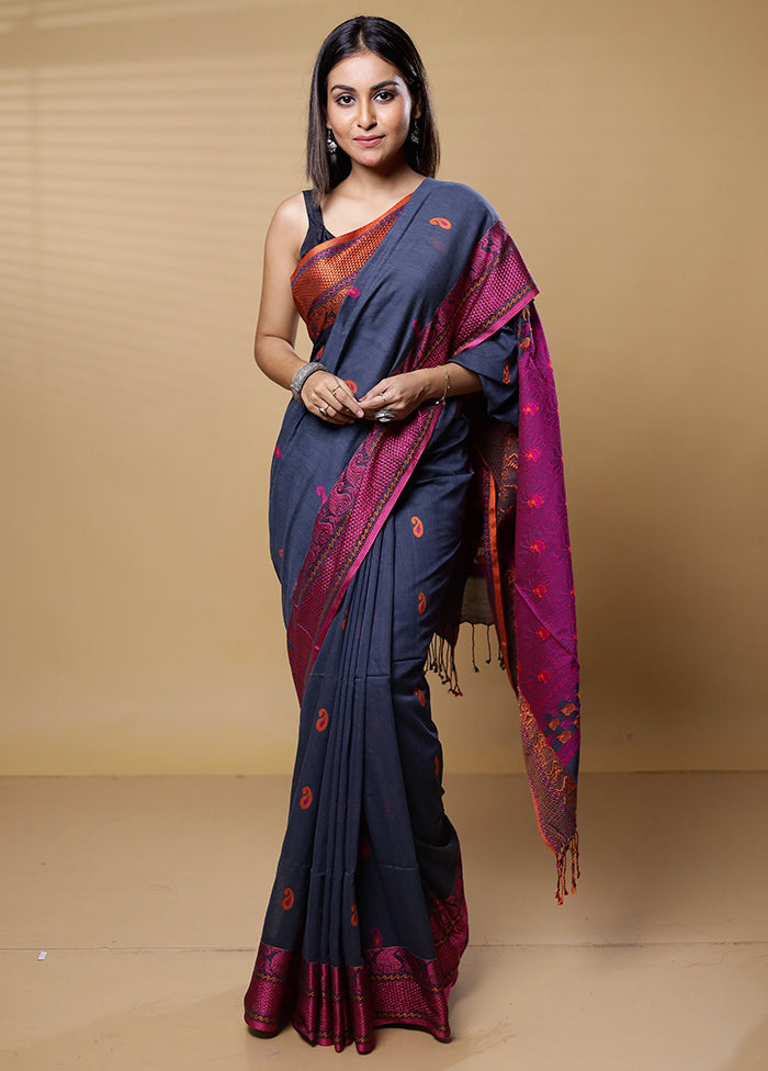 Blue Khadi Cotton Saree With Blouse Piece