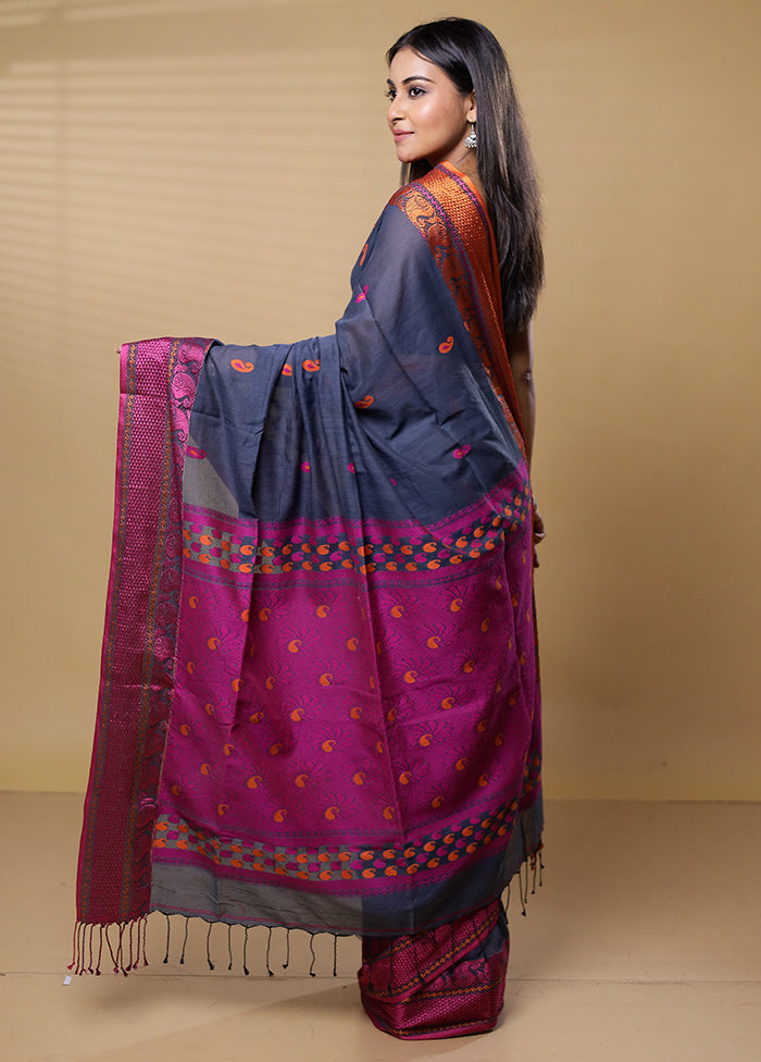 Blue Khadi Cotton Saree With Blouse Piece