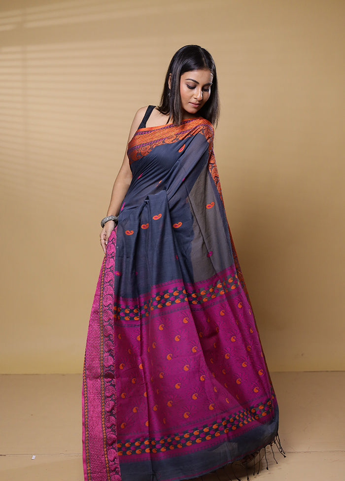 Blue Khadi Cotton Saree With Blouse Piece