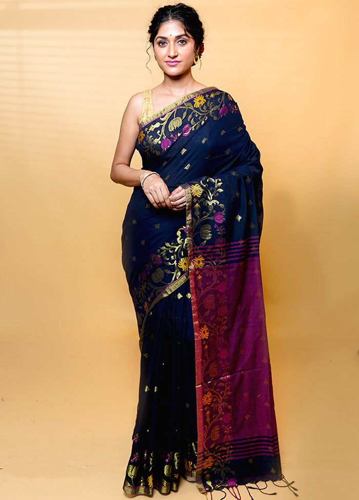 Blue Khadi Cotton Saree With Blouse Piece