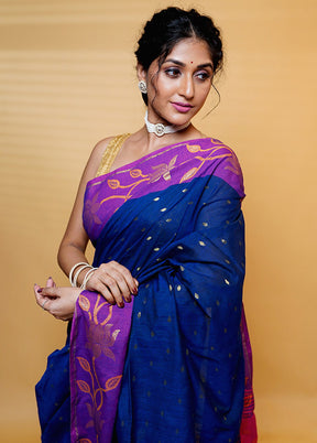 Blue Khadi Cotton Saree With Blouse Piece