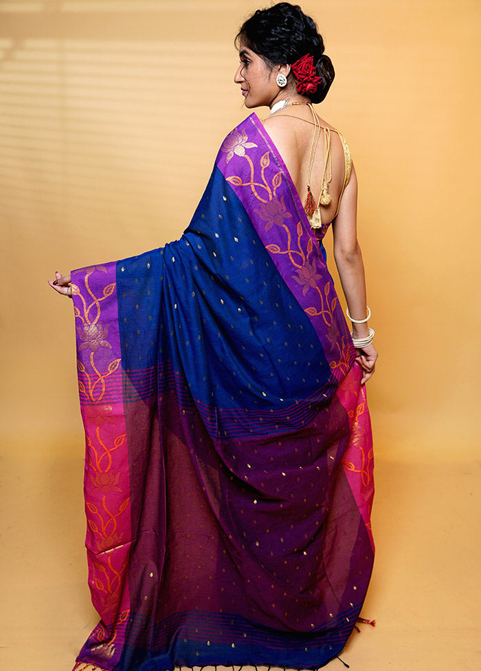 Blue Khadi Cotton Saree With Blouse Piece