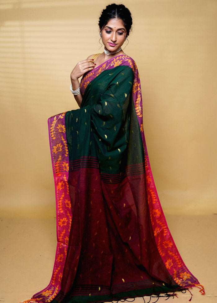 Green Khadi Cotton Saree With Blouse Piece