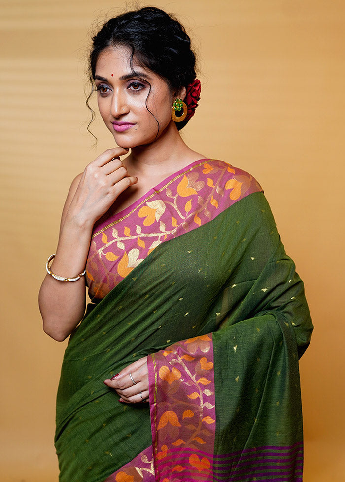 Green Khadi Cotton Saree With Blouse Piece