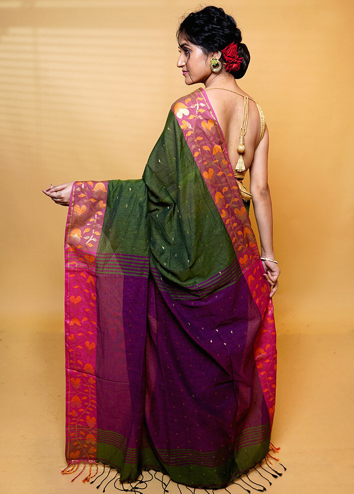 Green Khadi Cotton Saree With Blouse Piece