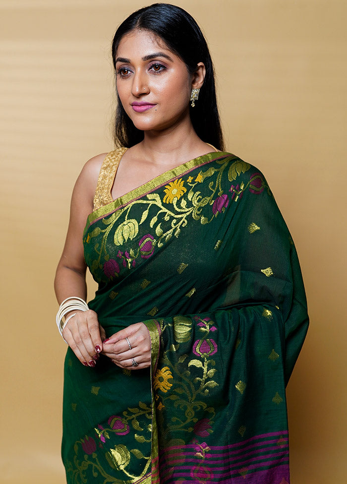 Green Khadi Cotton Saree With Blouse Piece